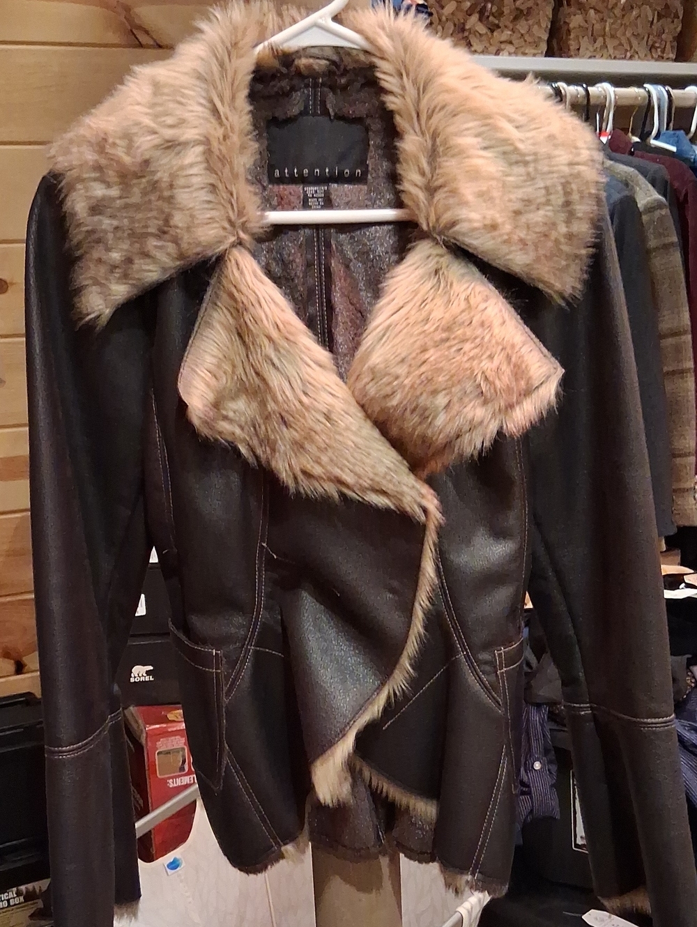 attention Faux-Fur Trim Brown Leather-Look Jacket